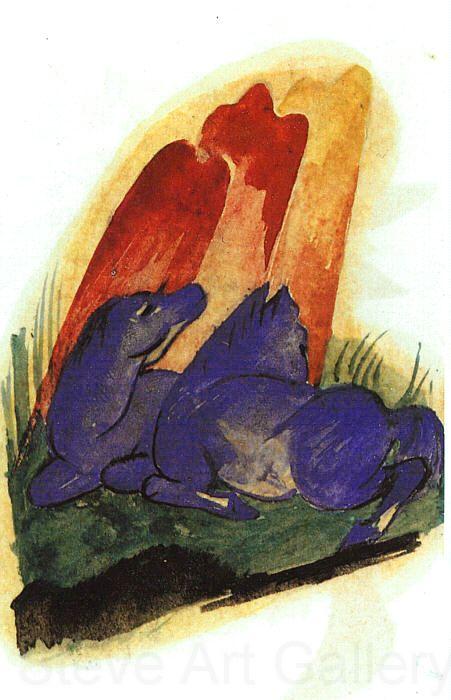 Franz Marc Two Blue Horses in front of a Red Rock Norge oil painting art
